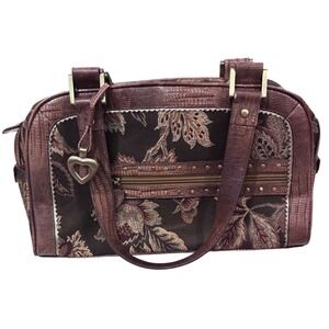 Sharif Studio Vintage Lizard Leather Embossed Tapestry Floral Satchel Handbag